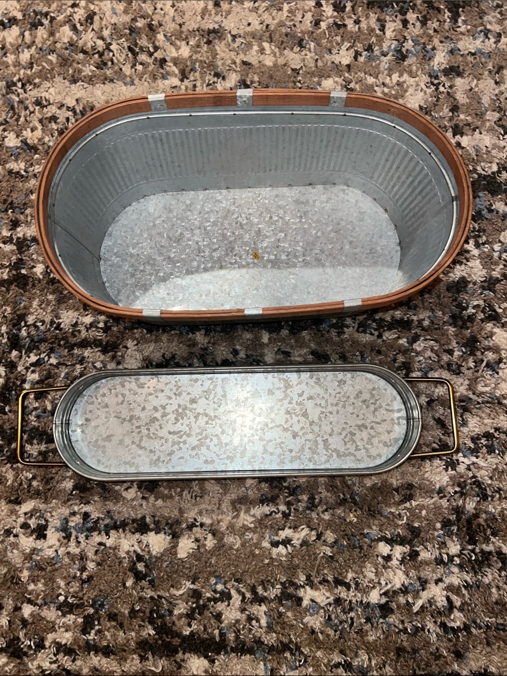 Two Galvanized Metal Caddy’s with one Brown Wood Trim